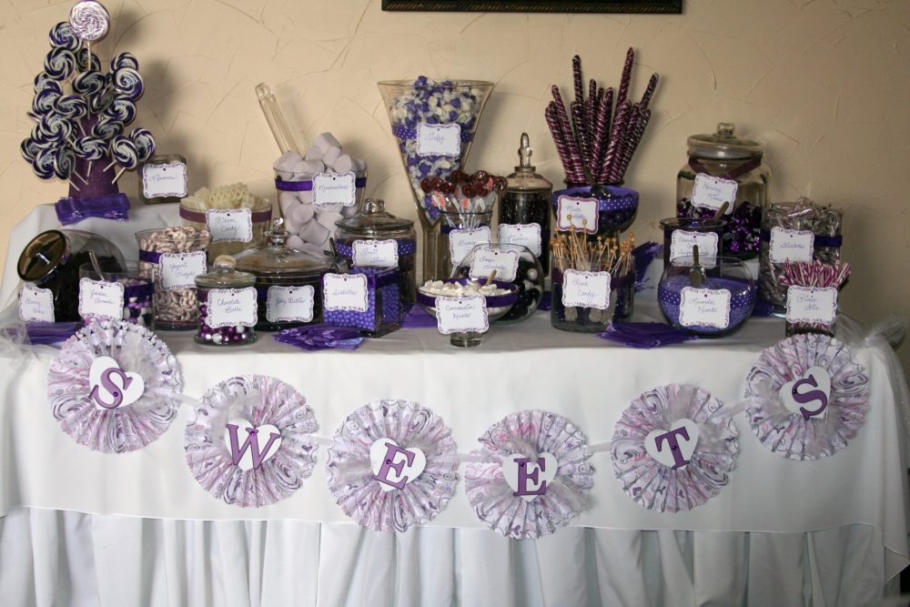 Sweeten Your Wedding Reception With A Candy Bar Purple-Themed Cady Bar