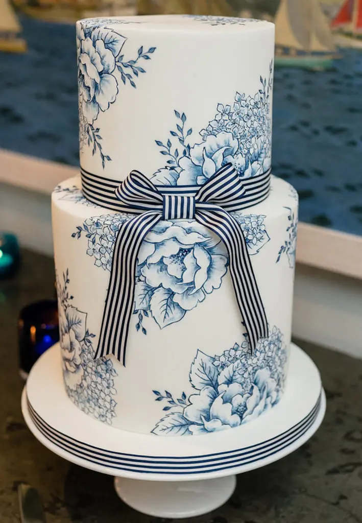 Hand-Painted Cakes: The Perfect Way To Customize Your Event Hand Painted Cakes With Edible Paint - Cake With Blue Flowers and Striped Ribbon