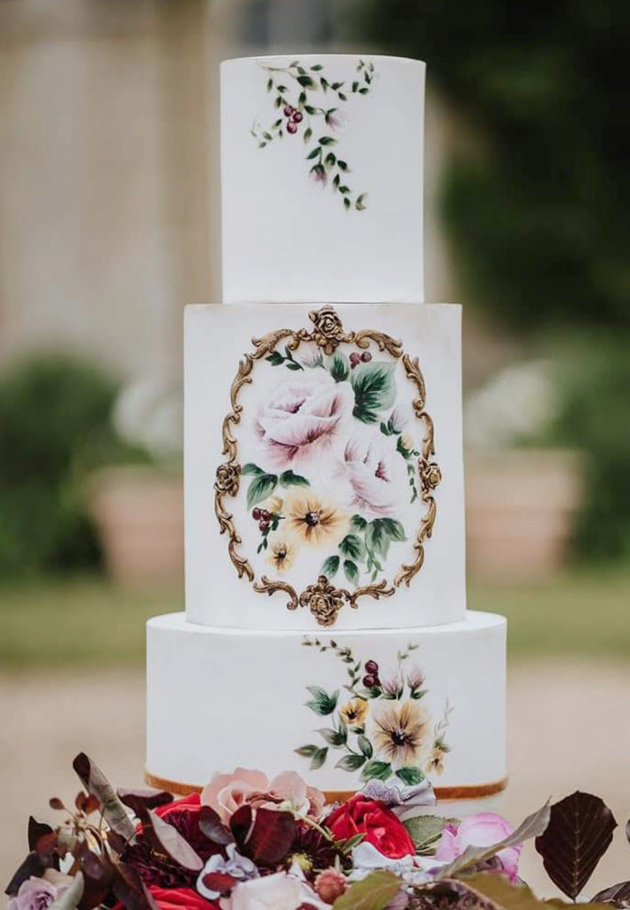 Hand Painted Cakes With Edible Paint - White Cake With Hand Painted Flowers