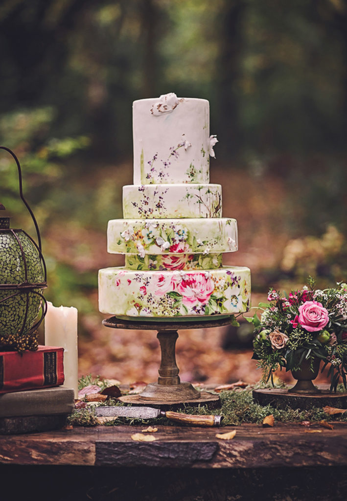 Hand Painted Cakes With Edible Paint - Floral Layer Cake On Rustic Table