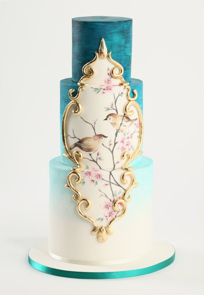Hand Painted Cakes With Edible Paint - Blue Cake With Framed Birds