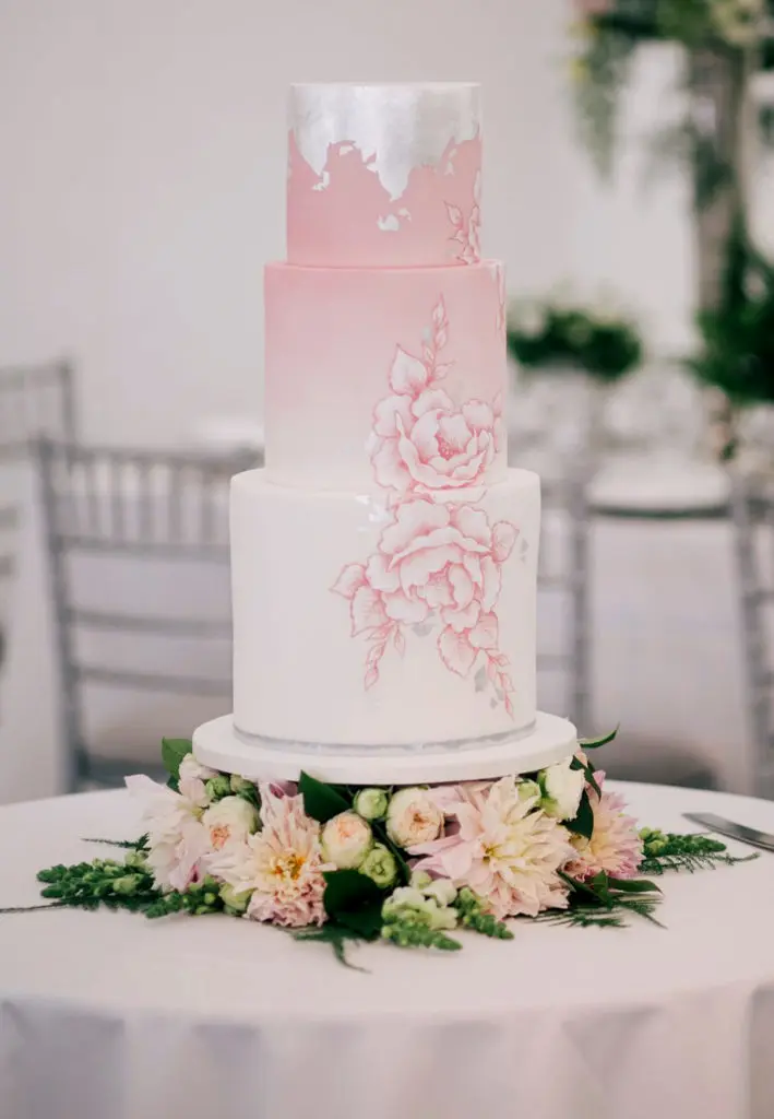 Hand-Painted Cakes: The Perfect Way To Customize Your Event Hand Painted Cakes With Edible Paint - Pink Floral Cake with Silver Flake Topping