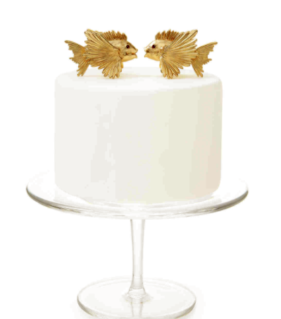 Gold Fish Wedding Cake Toppers On White Cake