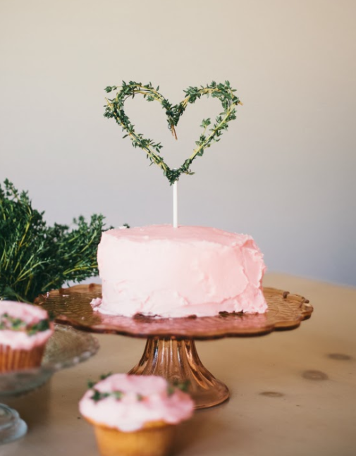 Wedding Cake Toppers - Greenery Heart On Pink Cake