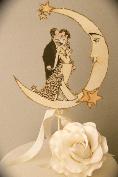 Vintage Wedding Cake Toppers With Crescent Moon