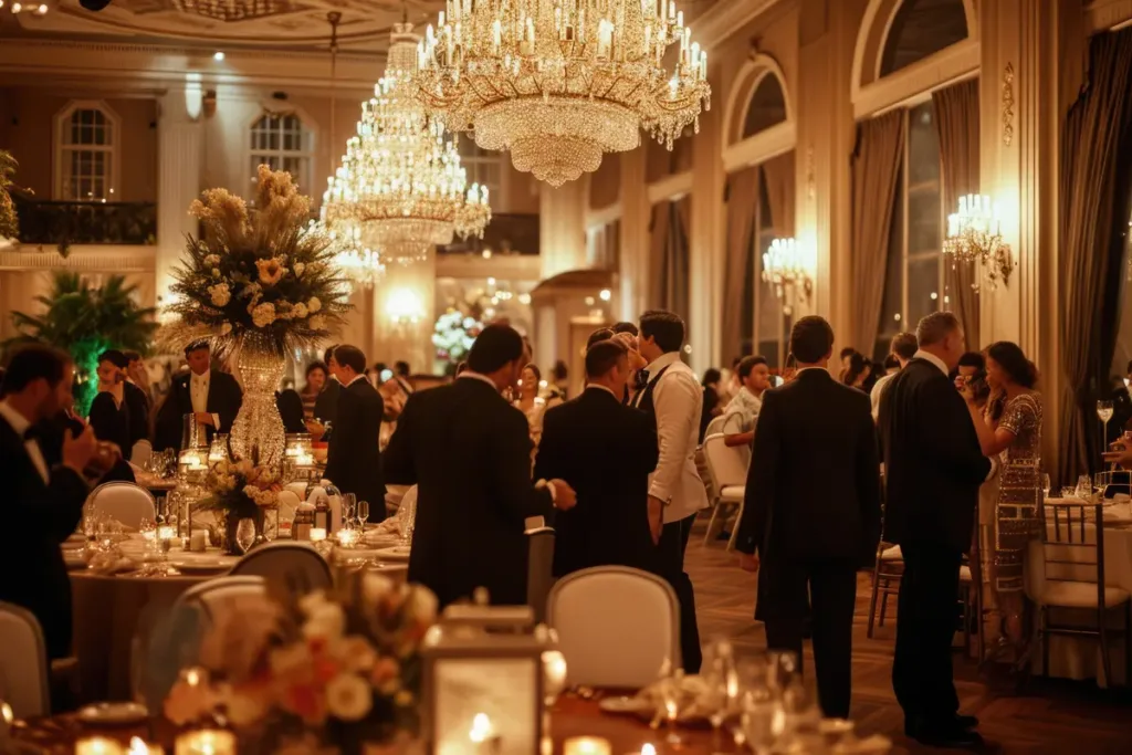 Guests enjoying a formal reception inside the perfect venue for wedding celebrations with elegant ballroom décor