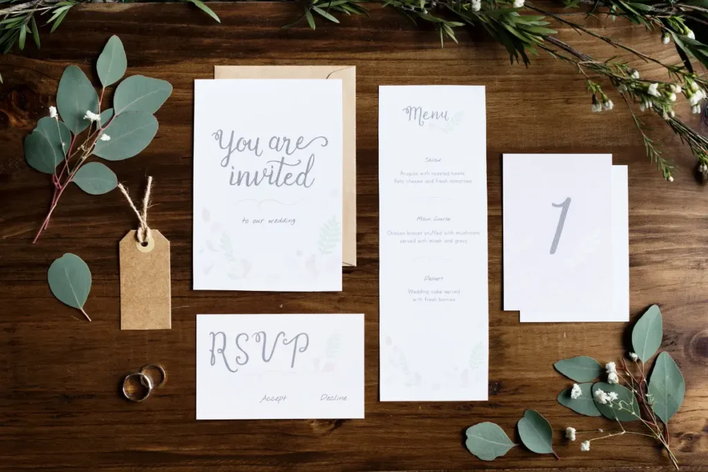 Wedding invitation cards and RSVP details laid out as part of planning how to organize a wedding guest list effectively