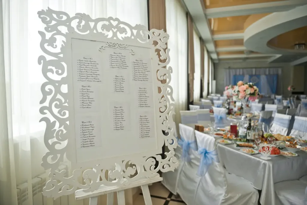 Seating chart displayed at the wedding entrance to help guests find their tables smoothly
